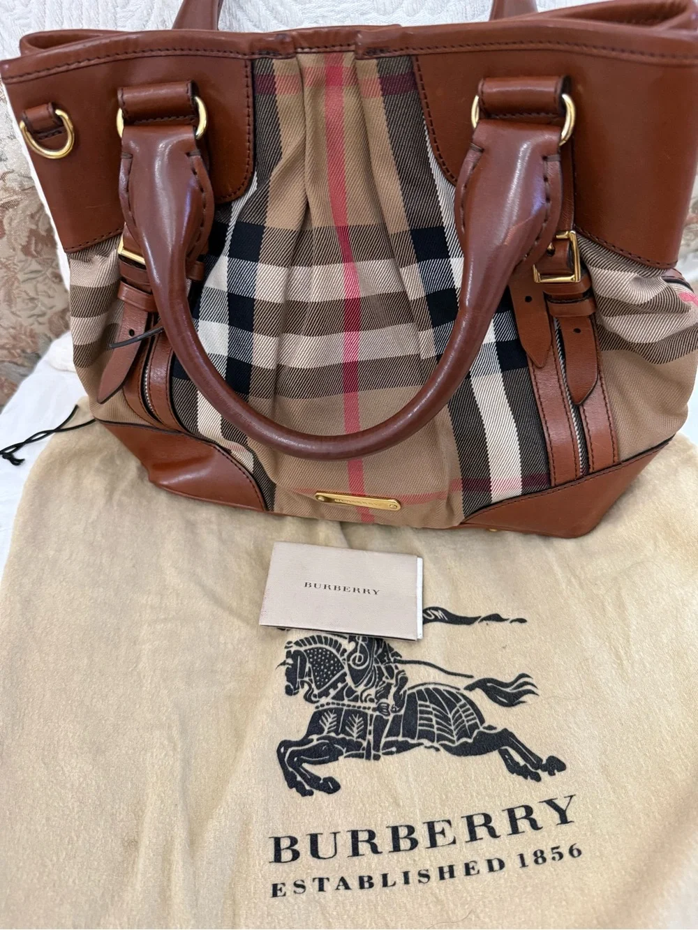 Burberry Tan Check Canvas Tote with Brown Leather Trim and Gold Hardware